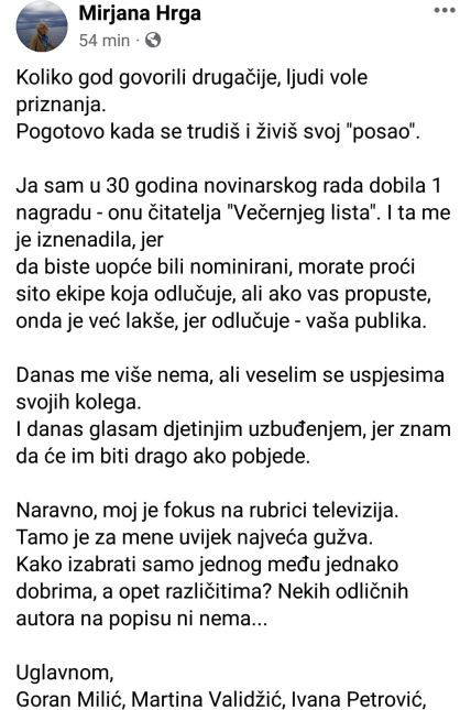 Mirjana Hrga o novinarskim nagradama