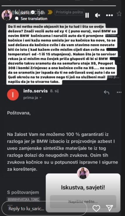 Lucija Šarić se požalila da joj cvile kočnice od BWM-a